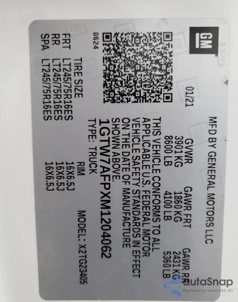 2021 GMC Savana G2500 z USA, uszkodzony, nr VIN 1GTW7AFPXM1204062